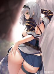 Rule 34 | 1girl, arm up, armor, ass, black gloves, blush, breasts, cameltoe, clothes lift, from behind, gloves, green eyes, grey hair, hair between eyes, hololive, large breasts, looking at viewer, looking back, medium hair, miniskirt, mujinbensin, profile, revision, shirogane noel, shirogane noel (1st costume), skirt, skirt lift, solo, virtual youtuber, wavy hair