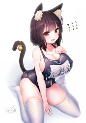 Rule 34 | 1girl, animal ear fluff, animal ears, azur lane, bell, black hair, breasts, cat ears, cat tail, collarbone, cum, cum on body, cum on breasts, cum on clothes, cum on upper body, doyouwantto, fang, large breasts, looking at viewer, name tag, one-piece swimsuit, open mouth, red eyes, school swimsuit, short hair, signature, simple background, sitting, solo, swimsuit, tail, tail bell, tail ornament, thighhighs, wariza, white background, white thighhighs, yamashiro (azur lane), yamashiro (summer offensive?) (azur lane)