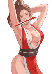 Rule 34 | 1girl, armpits, arms behind head, breasts, brown eyes, brown hair, cleavage, fatal fury, female focus, folding fan, hand fan, highres, large breasts, long hair, looking at viewer, matching hair/eyes, mouth hold, pelvic curtain, ponytail, popo agaga, revealing clothes, shiranui mai, sideboob, simple background, solo, standing, thighs, white background