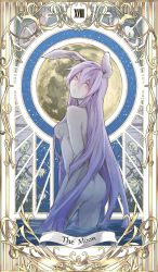 Rule 34 | 1girl, animal ears, art nouveau, ass, back, breasts, flower, full moon, highres, long hair, looking at viewer, looking back, mephisto (angraecum), moon, nude, partially submerged, pink eyes, purple hair, rabbit ears, reisen udongein inaba, roman numeral, solo, tarot, tarot (medium), the moon (tarot), touhou, very long hair, wading, wet, wolf