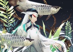 Rule 34 | 1boy, alternate costume, androgynous, aqua hair, blue hair, eyeshadow, fate/grand order, fate (series), fish, flower, forehead jewel, hair flower, hair ornament, hat, long hair, looking at viewer, makeup, male focus, multicolored hair, muted color, orange eyes, profile, red eyeshadow, shi huang di (fate), sindri, smile, solo, streaked hair, swimming, upper body, very long hair, white hair