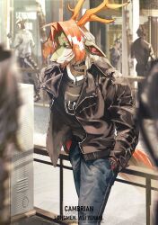 Rule 34 | 1boy, absurdres, arknights, black jacket, black shirt, cnnonnbiri96 (tori), commentary, denim, dog tags, dragon boy, dragon horns, dragon tail, english commentary, furry, furry male, hands in pockets, highres, horns, jacket, jeans, leather, leather jacket, looking at viewer, male focus, multicolored hair, pants, road, shirt, street, tail, watch, wei yenwu (arknights), wristwatch