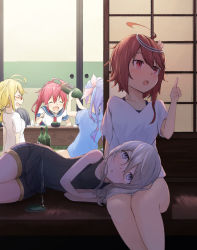 Rule 34 | 10s, 5girls, blue eyes, bottle, demitas, drinking, drunk, closed eyes, hair ornament, i-168 (kancolle), i-19 (kancolle), i-58 (kancolle), i-8 (kancolle), kantai collection, lap pillow, laughing, long hair, looking up, maru-yu (kancolle), mosquito coil, multiple girls, one-piece swimsuit, open mouth, school swimsuit, school uniform, short hair, smile, swimsuit, swimsuit under clothes, u-511 (kancolle)