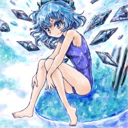 Rule 34 | 1girl, blue background, blue eyes, blue hair, bow, cirno, hair bow, ice, ice wings, matching hair/eyes, nanashii (soregasisan), one-piece swimsuit, ribbon, school swimsuit, short hair, smile, solo, swimsuit, touhou, wings