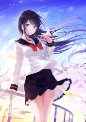 Rule 34 | 1girl, arm support, bare legs, bird, bird on hand, black hair, black sailor collar, black skirt, bow, bowtie, collarbone, collared shirt, day, floating hair, highres, long-tailed tit, long hair, long sleeves, meen (ouaughikepdvrsf), midriff, miniskirt, original, outdoors, pleated skirt, red bow, red bowtie, sailor collar, sailor shirt, school uniform, serafuku, shiny skin, shirt, skirt, solo, standing, straight hair, tit (bird), very long hair, white shirt