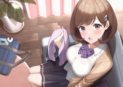 Rule 34 | 1girl, azuki yui, blouse, blush, breasts, brown hair, collared shirt, couch, eyelashes, from above, hair ornament, indoors, looking at viewer, medium breasts, original, pleated skirt, school uniform, shirt, short hair, sitting, skirt, solo, sweatdrop, white shirt, wooden floor
