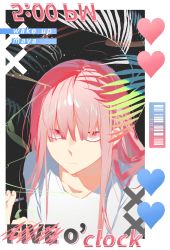 Rule 34 | 1girl, barcode, cigarette, closed mouth, english text, fern, hair between eyes, highres, holding, holding cigarette, long hair, looking at viewer, original, pink eyes, pink hair, shirt, simple background, smoke, solo, t-shirt, upper body, white shirt, xiu xxx wu