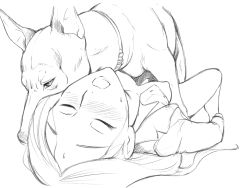 Rule 34 | 1boy, 1girl, bestiality, blush, breasts, caracol, dog, closed eyes, hetero, lying, missionary, monochrome, nude, on back, open mouth, sex, sketch, vaginal