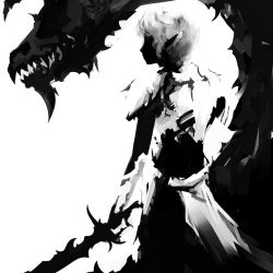 Rule 34 | 1girl, armor, dragon, elf, from behind, greyscale, monochrome, pointy ears, short hair, silhouette, simple background, solo, standing, standing on liquid, sword, weapon, white background, wistar!a