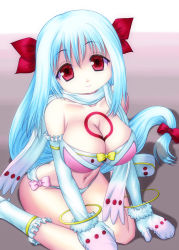 Rule 34 | 10s, 1girl, asamura hiori, bare shoulders, blue hair, bra, breasts, cleavage, elbow gloves, gloves, hair ribbon, highres, kyubey, large breasts, lingerie, long hair, mahou shoujo madoka magica, mahou shoujo madoka magica (anime), mittens, navel, panties, personification, red eyes, revealing clothes, ribbon, scarf, sitting, smile, solo, underwear, very long hair, wariza