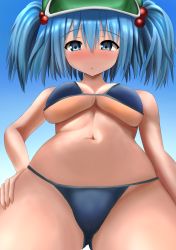 Rule 34 | 1girl, absurdres, bad id, bad pixiv id, bikini, blue background, blue eyes, blue hair, blue sky, blush, breasts, day, foreshortening, from below, gradient background, hair between eyes, hair bobbles, hair ornament, hat, highres, kawashiro nitori, large breasts, looking down, naganegi (yvee2588), navel, perspective, short hair, simple background, sky, solo, swimsuit, touhou, two side up, underboob