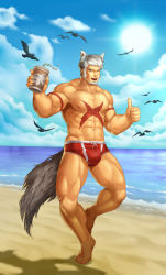Rule 34 | 1boy, abs, animal ears, bad id, bad pixiv id, bara, beach, beard, bird, bulge, cloud, cloudy sky, cross scar, cup, facial hair, fang, full body, highres, holding, holding cup, large pectorals, large tail, long sideburns, looking at viewer, male focus, male swimwear, mature male, muscular, muscular male, navel, navel hair, nipples, one eye closed, original, pectorals, red male swimwear, saolin (wudangx), scar, scar on chest, short hair, sideburns, silver hair, sky, solo, standing, standing on one leg, stomach, swim briefs, tail, thick thighs, thighs, thumbs up, topless male, wolf boy, wolf ears, wolf tail