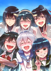 Rule 34 | 10s, 6+girls, ^ ^, aoba (kancolle), bifidus, black hair, blue sky, blunt bangs, blush, bow, braid, brown eyes, brown hair, closed eyes, commentary request, crossed arms, day, elbow gloves, gloves, grey hair, grin, hair ornament, hair ribbon, hair scrunchie, hairband, haruna (kancolle), headgear, hyuuga (kancolle), ise (kancolle), japanese clothes, kantai collection, kitakami (kancolle), long hair, looking at viewer, multiple girls, neckerchief, nontraditional miko, ocean, open mouth, pink hair, ponytail, ribbon, school uniform, scrunchie, serafuku, short hair, short sleeves, sidelocks, sky, sleeveless, smile, tone (kancolle), twintails, uvula, v