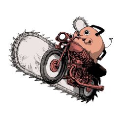 Rule 34 | chainsaw, chainsaw man, driving, fangs, geji oekaki, highres, motor vehicle, motorcycle, no humans, open mouth, pochita (chainsaw man), simple background, white background