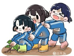 Rule 34 | 3girls, alternate costume, black hair, blue jacket, blue pants, boots, commentary request, daitou (kancolle), dirty, dirty clothes, full body, hiburi (kancolle), high ponytail, jacket, kantai collection, low ponytail, multiple girls, name tag, pants, plant, pulling, rubber boots, short hair, shounan (kancolle), track jacket, track pants, track suit, tsubutarou, twintails, yellow footwear