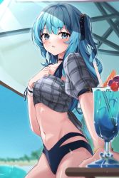 Rule 34 | belt buckle, blue eyes, blue hair, blush, bra, breasts, buckle, choker, cup, drinking glass, from side, hair between eyes, hair ornament, highres, hololive, hoshimachi suisei, hoshimachi suisei (1st costume), long hair, navel, open mouth, panties, small breasts, soyoghi, star-shaped pupils, star (symbol), star hair ornament, swimsuit, symbol-shaped pupils, underwear, virtual youtuber