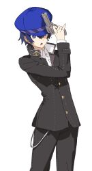 1girl :o androgynous black_jacket black_pants blue_eyes blue_hair blue_hat cabbie_hat cowboy_shot gun hat highres holding holding_gun holding_weapon jacket natwjeq open_mouth pants persona persona_4 reverse_trap school_uniform shirogane_naoto short_hair simple_background solo standing very_short_hair weapon white_background yasogami_school_uniform