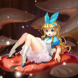 Rule 34 | 1girl, alice (alice in wonderland), alice in wonderland, blonde hair, blue eyes, blue ribbon, blue shirt, blurry, boots, depth of field, dress, fei shui, hair between eyes, hair ribbon, high collar, high heel boots, high heels, highres, knees together feet apart, light particles, long hair, looking at viewer, lying, mushroom, on back, open mouth, original, petticoat, pinafore dress, puffy short sleeves, puffy sleeves, reclining, ribbon, shirt, short sleeves, sleeveless dress, solo