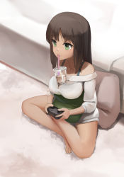 Rule 34 | 1girl, alice gear aegis, arms at sides, bare legs, bare shoulders, barefoot, between breasts, black hair, blue bra, bra, breast rest, breasts, bubble tea challenge, carpet, condensation, controller, couch, cup, dark-skinned female, dark skin, disposable cup, drinking, drinking straw, game controller, green eyes, highres, holding, holding controller, indian style, indoors, kaneshiya sitara, large breasts, long hair, mouth hold, no pants, off-shoulder sweater, off shoulder, on floor, parted bangs, pillow, see-through, shirt, sitting, solo, sunga2usagi, sweater, underwear, wet, wet clothes, wet shirt, white sweater