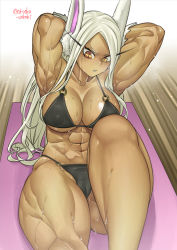 Rule 34 | 1girl, abs, animal ears, armpits, artist name, bikini, boku no hero academia, breasts, cameltoe, cleavage, cleft of venus, collarbone, covered erect nipples, feet out of frame, highres, large breasts, long hair, mirko, muscular, muscular female, navel, o-ring, o-ring bikini, rabbit ears, red eyes, shosho oekaki, solo, sweat, swimsuit, thick thighs, thighs, white hair