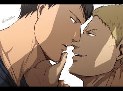 Rule 34 | 2boys, bad id, bad pixiv id, bertolt hoover, bun (bbb81bun), close-up, couple, eye contact, finger to another&#039;s mouth, highres, imminent kiss, letterboxed, looking at another, male focus, multiple boys, reiner braun, shingeki no kyojin, short hair, smirk, toned, toned male, yaoi