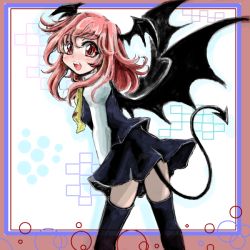 Rule 34 | 1girl, black skirt, black thighhighs, black vest, blush, border, commentary request, demon tail, demon wings, dress, feet out of frame, head wings, koakuma, long sleeves, looking at viewer, looking to the side, medium hair, nanashii (soregasisan), open mouth, puffy long sleeves, puffy sleeves, red eyes, red hair, shirt, simple background, skirt, smile, solo, tail, teeth, thighhighs, touhou, upper teeth only, vest, white shirt, wings, yellow neckwear