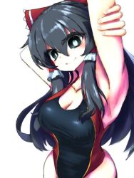Rule 34 | 1girl, alternate costume, arm up, armpits, black eyes, black hair, black one-piece swimsuit, bow, breasts, bright pupils, cleavage, closed mouth, commentary request, competition swimsuit, cookie (touhou), cowboy shot, eyes visible through hair, frilled bow, frilled hair tubes, frills, hair bow, hair tubes, hakurei reimu, large breasts, long hair, looking at viewer, one-piece swimsuit, red bow, red one-piece swimsuit, shinonome (cookie), sidelocks, simple background, smile, solo, stretching, swimsuit, third-party source, touhou, white background, white pupils, yanagui