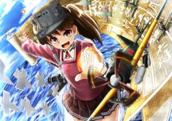 Rule 34 | 10s, 1girl, a6m zero, aircraft, airplane, blue sky, brown hair, cloud, cloudy sky, day, fang, flight deck, hahaha, hat, japanese clothes, kantai collection, kariginu, long sleeves, looking at viewer, magatama, miniskirt, ocean, onmyouji, open mouth, outstretched arm, pleated skirt, ryuujou (kancolle), shikigami, short twintails, skirt, sky, smile, solo, twintails, upper body, visor cap