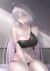 Rule 34 | 1girl, absurdres, ahoge, bare shoulders, black camisole, black panties, breasts, camisole, closed mouth, collarbone, crop top, fate/grand order, fate (series), grey background, highres, jeanne d&#039;arc (fate), jeanne d&#039;arc alter (fate), jeanne d&#039;arc alter (ver. shinjuku 1999) (fate), large breasts, long hair, official alternate costume, on bed, pale skin, panties, penguintake, silver hair, sitting, solo, strap slip, tsurime, two-tone background, underwear, wall, wicked dragon witch ver. shinjuku 1999, yellow eyes