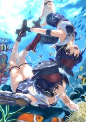 Rule 34 | 10s, 2girls, :d, air bubble, ass, bare shoulders, blue hair, brown eyes, bubble, commentary request, coral, finger to mouth, fish, gloves, hair between eyes, hat, headphones, highres, i-13 (kancolle), i-14 (kancolle), index finger raised, kantai collection, kneepits, multiple girls, one-piece swimsuit, open mouth, partially fingerless gloves, rock, sailor collar, short hair, shushing, siblings, sisters, smile, swimsuit, tsuuhan, underwater, upside-down