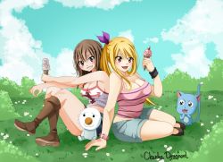 Rule 34 | 2girls, bare shoulders, blonde hair, blue sky, boots, breasts, brown eyes, brown hair, buses, cat, claudia dragneel, cleavage, elie, fairy tail, flower, food, full body, grass, grin, hand up, happy (fairy tail), ice cream, large breasts, legs, long hair, long nose, looking at viewer, lucy heartfilia, medium breasts, multiple girls, open mouth, outdoors, plue, rave, shorts, sitting, skirt, sky, smile