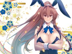 Rule 34 | 1girl, alternate costume, animal ears, blue bow, blue bowtie, blue leotard, bow, bowtie, breasts, brown eyes, brown hair, cherry blossoms, crossed arms, fake animal ears, flower, hair flower, hair intakes, hair ornament, kantai collection, large breasts, leotard, long hair, map (blue catty), playboy bunny, ponytail, rabbit ears, sidelocks, smile, solo, upper body, yamato (kancolle), yamato kai ni (kancolle)