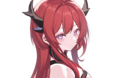 Rule 34 | 1girl, arknights, bare shoulders, blush, close-up, eyeliner, highres, horns, long hair, looking at viewer, makeup, purple eyes, red hair, simple background, solo, spider apple, surtr (arknights), white background
