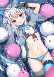 Rule 34 | 1girl, absurdres, bare shoulders, bikini, black gloves, blue bikini, blue bow, blue sleeves, blue thighhighs, blush, bow, breasts, commentary request, detached sleeves, frilled bikini, frills, front-tie top, gloves, hair between eyes, headgear, highres, indie virtual youtuber, long hair, looking at viewer, lying, maid headdress, mismatched bikini, official art, on back, padko, partially submerged, petals, puffy short sleeves, puffy sleeves, purple bikini, purple eyes, rinringyo, short sleeves, silver hair, single thighhigh, small breasts, solo, swimsuit, thighhighs, twintails, very long hair, virtual youtuber