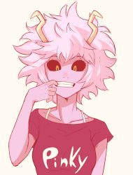 Rule 34 | 10s, 1girl, ashido mina, black sclera, boku no hero academia, breasts, collarbone, colored sclera, eyelashes, female focus, fingersmile, grin, hand up, highres, horns, looking at viewer, messy hair, open mouth, pink background, pink hair, pink theme, sally (luna-arts), shirt, short hair, short sleeves, simple background, smile, solo, t-shirt, teeth, upper body, yellow eyes