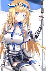 Rule 34 | 1girl, absurdres, akar1, arknights, arm support, bare shoulders, black skirt, blonde hair, blue eyes, blue hairband, blue necktie, blush, breasts, commentary, elbow gloves, flag, gloves, hairband, head tilt, highres, holding, holding flag, horns, large breasts, long hair, looking at viewer, necktie, pointy ears, saileach (arknights), simple background, sitting, skirt, solo, thighhighs, very long hair, white background, white thighhighs