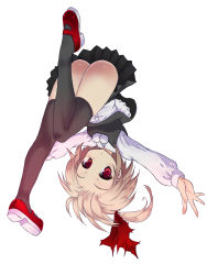 Rule 34 | 1girl, ass, black thighhighs, blonde hair, blush, female focus, hair ribbon, highres, outstretched arms, red eyes, ribbon, rumia, short hair, simple background, skirt, solo, sumisu (mondo), thighhighs, touhou, upside-down, white background