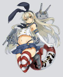 Rule 34 | 10s, 1girl, anchor, anchor hair ornament, blonde hair, elbow gloves, gloves, hair ornament, hairband, kantai collection, kent0320, lifebuoy, long hair, navel, personification, rensouhou-chan, shimakaze (kancolle), skirt, striped clothes, striped thighhighs, swim ring, thighhighs, zettai ryouiki