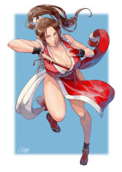 Rule 34 | 1girl, absurdres, arm guards, bouncing breasts, breasts, brown eyes, brown hair, cirenk, cleavage, fatal fury, folding fan, hand fan, high ponytail, highres, holding, holding fan, huge breasts, large breasts, looking at viewer, ninja, pelvic curtain, ponytail, revealing clothes, rope, shiranui mai, simple background, snk, solo, the king of fighters, thighs