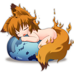 Rule 34 | 1girl, animal ears, brown hair, chibi, closed eyes, completely nude, drooling, earth (planet), fox ears, fox tail, kuroneko liger, mozilla firefox, nude, open mouth, orange hair, os-tan, personification, planet, simple background, sleeping, solo, tail, white background