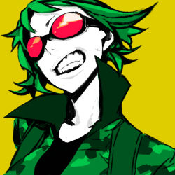 Rule 34 | 1girl, bokura no 16bit warz (vocaloid), camouflage, colored skin, female focus, goggles, green hair, gumi, miwa shirow, pale skin, popped collar, short hair, simple background, solo, teeth, upper body, vocaloid, white skin, yellow background