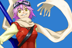 Rule 34 | 00s, 1girl, bad id, bad pixiv id, bass guitar, flcl, gloves, goggles, goggles on head, haruhara haruko, instrument, pink hair, scarf, shibasaki shouji, short hair, simple background, smile, solo, vest, yellow eyes