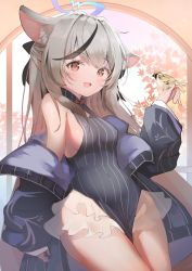 Rule 34 | 1girl, animal ears, arm up, bird, bird on hand, black dress, black jacket, blue archive, breasts, brown eyes, china dress, chinese clothes, dress, grey hair, highres, jacket, kokona (blue archive), long hair, miniskirt, multicolored hair, off shoulder, open mouth, sideboob, skirt, sleeveless, sleeveless dress, smile, solo, streaked hair, striped clothes, striped dress, thighs, tiger ears, tiger girl, tomo (tomosa011326), vertical-striped clothes, vertical-striped dress, very long hair, white skirt