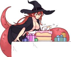 Rule 34 | 1girl, birthday, birthday cake, blowing, box, breasts, cake, candle, dress, food, gift, gift box, halloween, halloween costume, hat, lamia, large breasts, long hair, miia (monster musume), monster girl, monster musume no iru nichijou, navel, no bra, open mouth, pointy ears, red hair, rtil, scales, simple background, solo, table, tail, v-shaped eyebrows, white background, witch, witch hat, yellow eyes