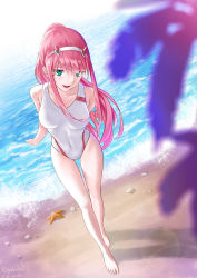 Rule 34 | 1girl, 2018, :d, arms behind back, artist name, barefoot, beach, blurry, blurry foreground, breasts, ciphotis, collarbone, competition swimsuit, covered navel, darling in the franxx, floating hair, full body, green eyes, hairband, highres, horns, leaning forward, lens flare, long hair, medium breasts, ocean, one-piece swimsuit, open mouth, pink hair, ponytail, shore, smile, solo, standing, swimsuit, very long hair, white hairband, white one-piece swimsuit, zero two (darling in the franxx)