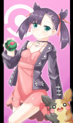 Rule 34 | 1girl, :d, asymmetrical bangs, black choker, black hair, black jacket, breasts, choker, collarbone, commentary request, creatures (company), dress, dusk ball, fuyuki8208, game freak, gen 8 pokemon, green eyes, hair ribbon, highres, holding, holding poke ball, jacket, long sleeves, looking at viewer, marnie (pokemon), morpeko, morpeko (full), nintendo, off shoulder, open clothes, open jacket, open mouth, pillarboxed, pink background, pink dress, poke ball, poke ball symbol, pokemon, pokemon (creature), pokemon swsh, red ribbon, ribbon, small breasts, smile, teeth, twintails, upper teeth only
