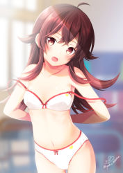Rule 34 | 1girl, arms behind back, azuma yuki, bad id, bad pixiv id, bare arms, bare shoulders, blurry, blurry background, blush, bow, bow bra, bow panties, bra, breasts, brown eyes, brown hair, collarbone, commentary request, depth of field, hair between eyes, head tilt, idolmaster, idolmaster shiny colors, indoors, komiya kaho, long hair, navel, open mouth, panties, signature, small breasts, solo, strap slip, twitter username, underwear, underwear only, undressing, white bra, white panties