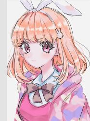 Rule 34 | 1girl, bow, bowtie, closed mouth, collared shirt, commentary request, denonbu, hair ornament, hairband, highres, hood, hooded jacket, jacket, kanipoposu, looking at viewer, orange hair, pink eyes, pink jacket, pink shirt, rabbit hair ornament, sakurano mimito, shirt, short hair, solo, upper body, white hairband