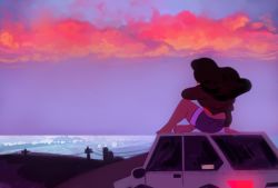 Rule 34 | 1other, brown hair, car, cloud, cropped shirt, dark skin, evening, foxboros, jacket, long hair, motor vehicle, ocean, on vehicle, pink clouds, shorts, sitting, solo, steven universe, stevonnie (steven universe)