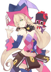 Rule 34 | 1girl, asymmetrical legwear, asymmetrical sleeves, bienfu (tales), blonde hair, blue thighhighs, book, bow, closed mouth, cowboy shot, creature, detached sleeves, green eyes, hat, highres, kllsiren, long hair, looking at viewer, magilou (tales), mismatched legwear, mismatched sleeves, one eye closed, pink shorts, pink thighhighs, pointy ears, purple hat, red bow, shorts, smile, tales of (series), tales of berseria, thigh strap, thighhighs, top hat, white background, witch hat